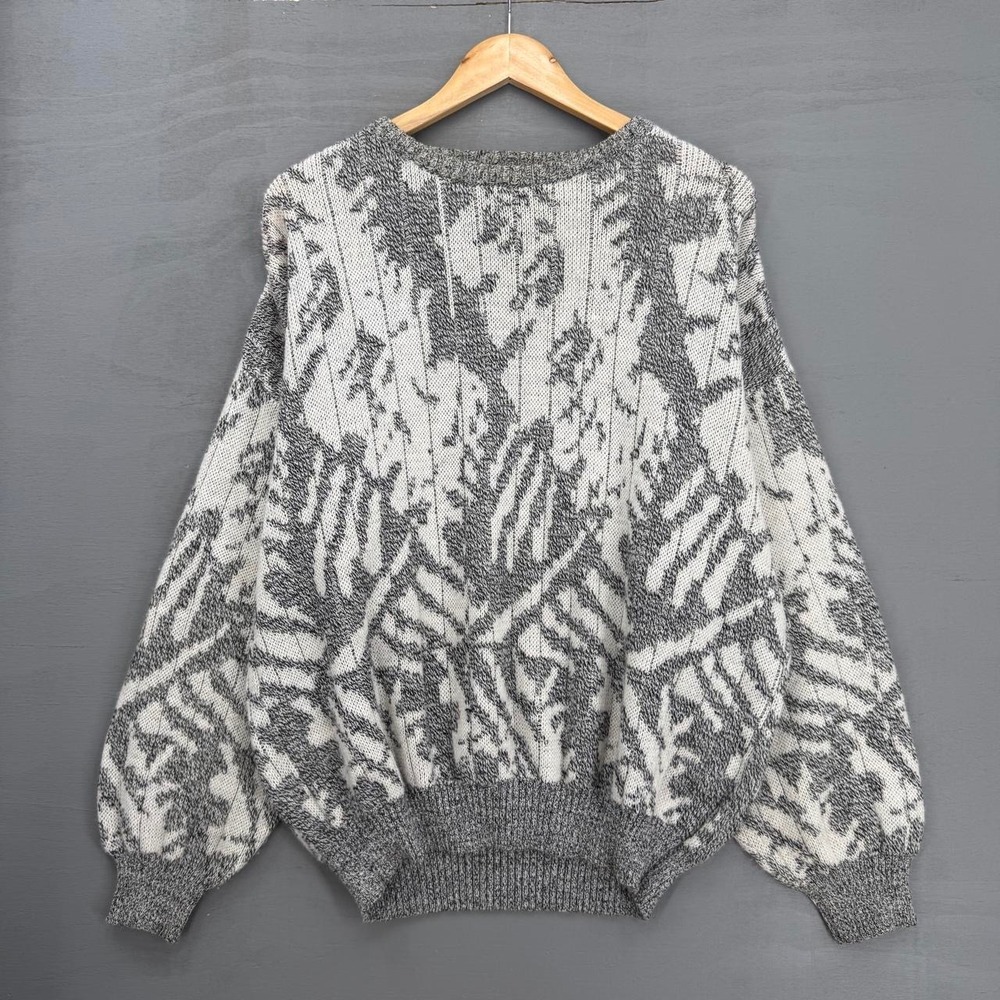 Vintage Pronto Uomo Sweater Grey White Abstract Geometric Wool Blend Knit Large